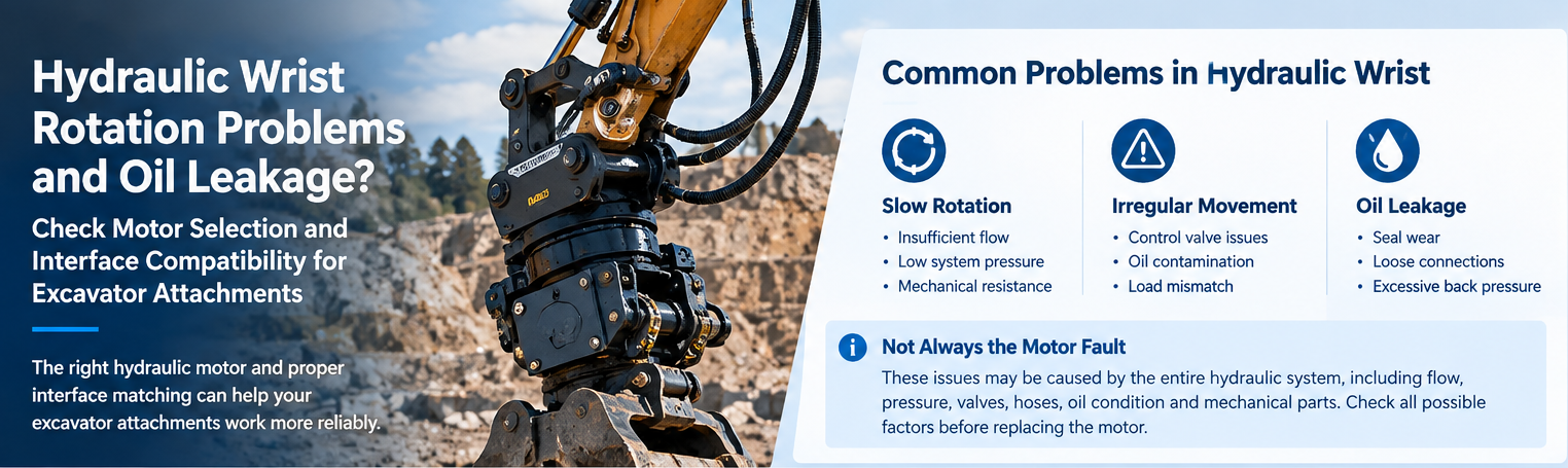 Últimos blogs da empresa sobre Hydraulic Wrist Rotation Problems and Oil Leakage: Checking Motor Selection and Interface Compatibility for Excavator Attachments